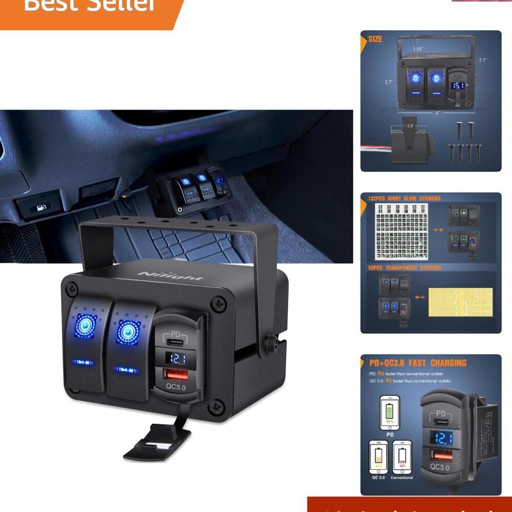 2 Gang Waterproof Rocker Switch Box with 12V USB Charger & Voltmeter - Durable